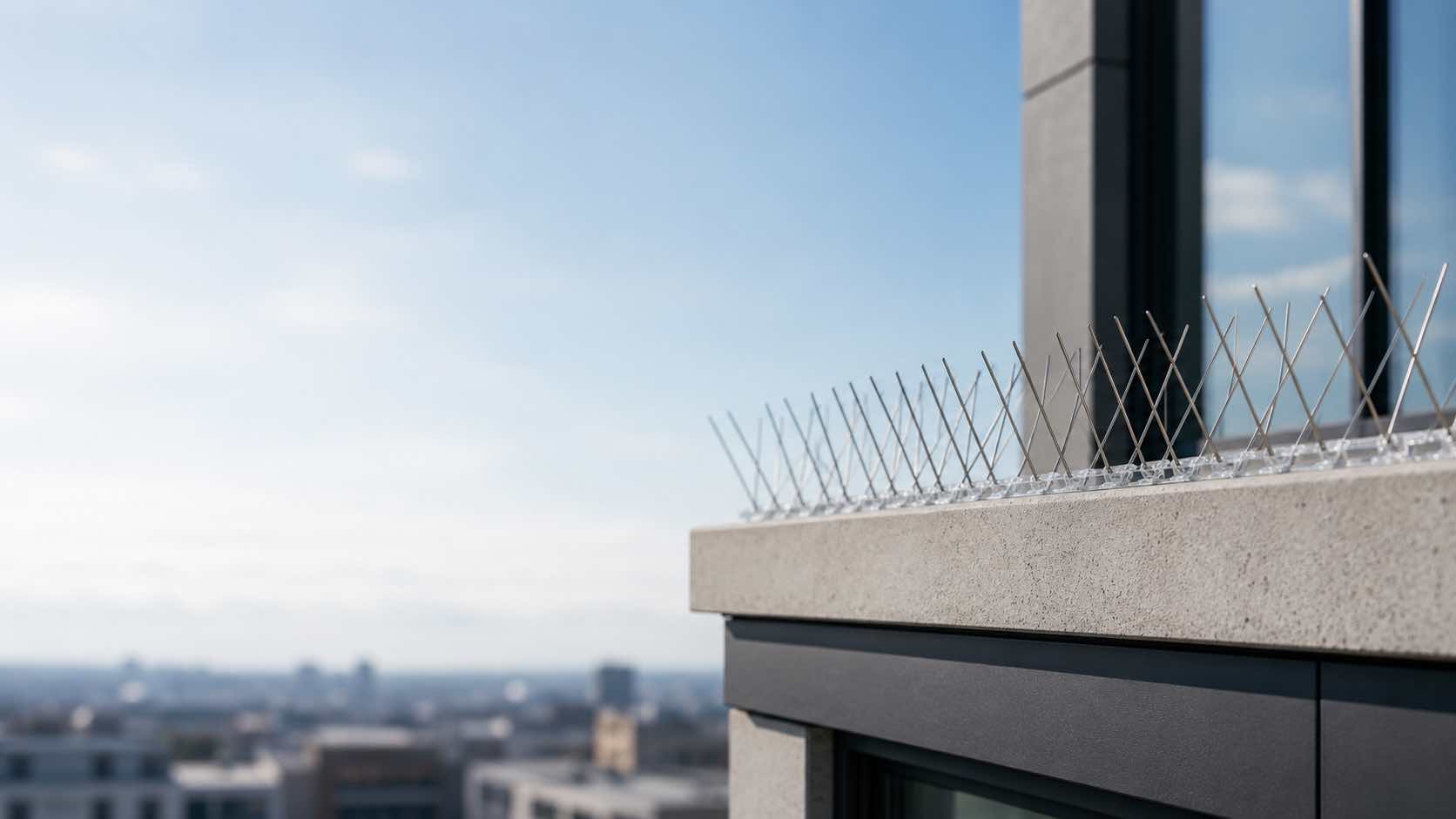 Stainless steel bird spikes installed along a concrete ledge on a high-rise building, with the city skyline behind