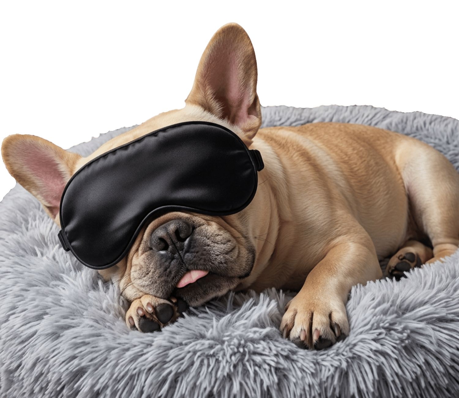 Fifi the French Bulldog napping in a sleep mask on a plush grey bed